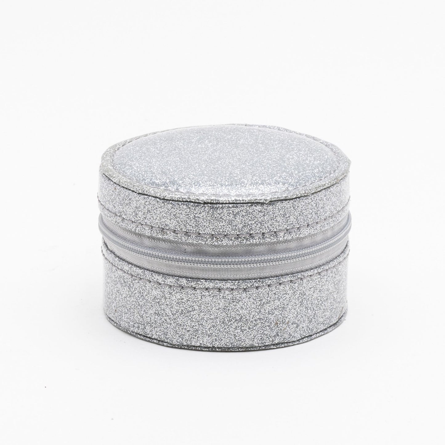 Round Leatherette Silver Glitter Jewellery Box