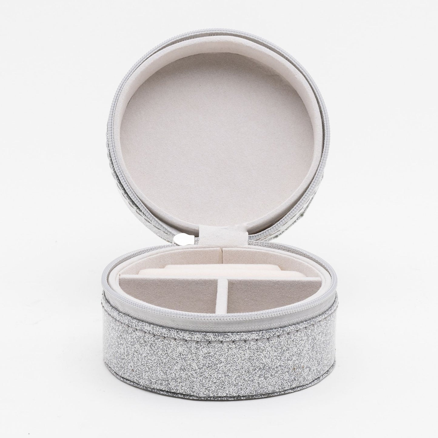 Round Leatherette Silver Glitter Jewellery Box