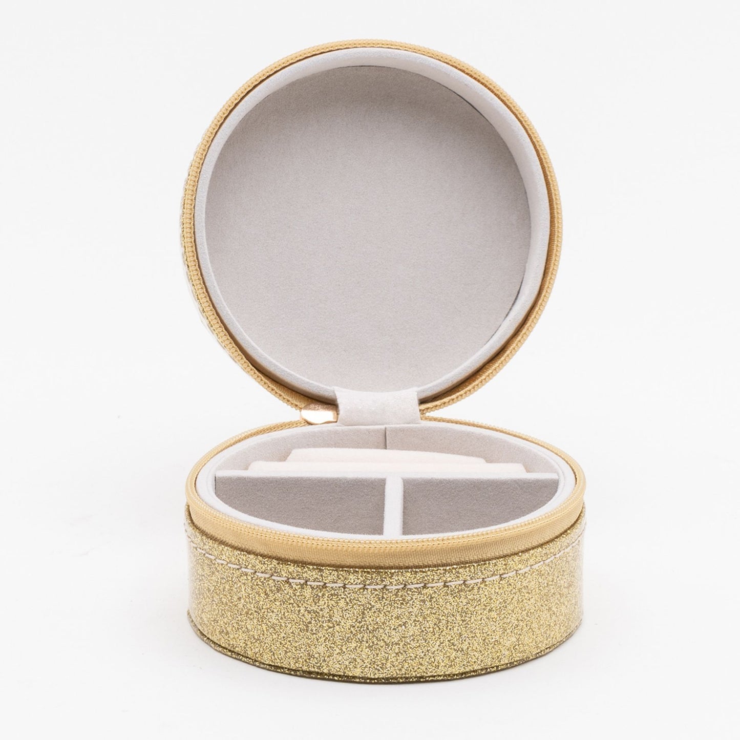 Round Leatherette Gold Glitter Jewellery Box
