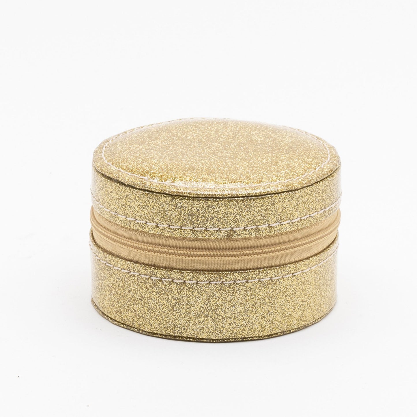 Round Leatherette Gold Glitter Jewellery Box