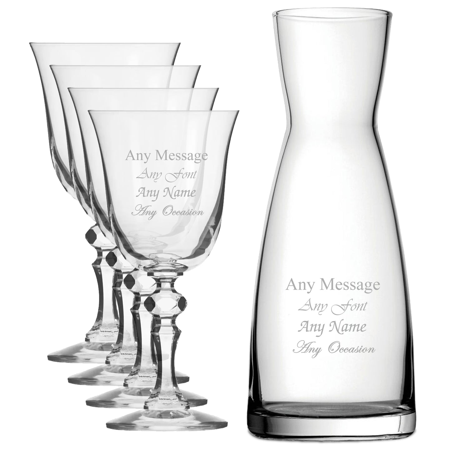 Personalised Engraved Set of 4 Crystal Jasmine Wine Glass and Contemporary Carafe Set Image 1