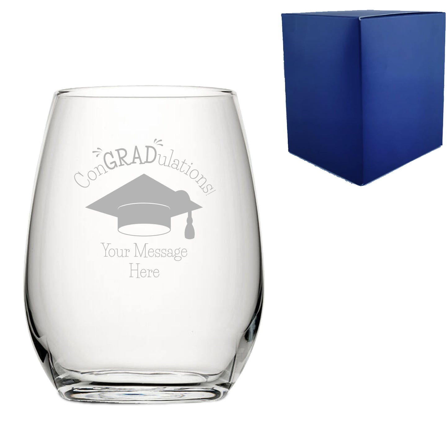 Personalised Engraved Graduation Stemless Wine Glass with 'ConGRADulations' Design, Personalise with Any Name or Message Image 1