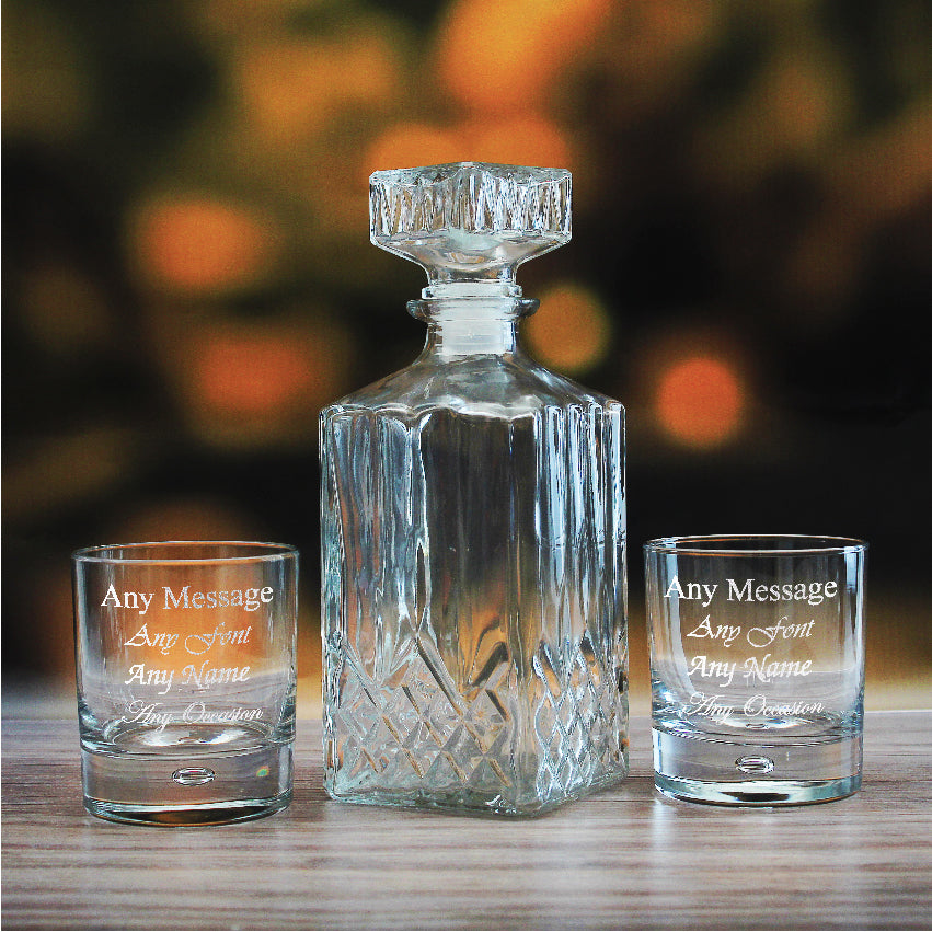 Set of 2 11.5oz Engraved Bubble Whisky glasses and Prysm Decanter Image 2