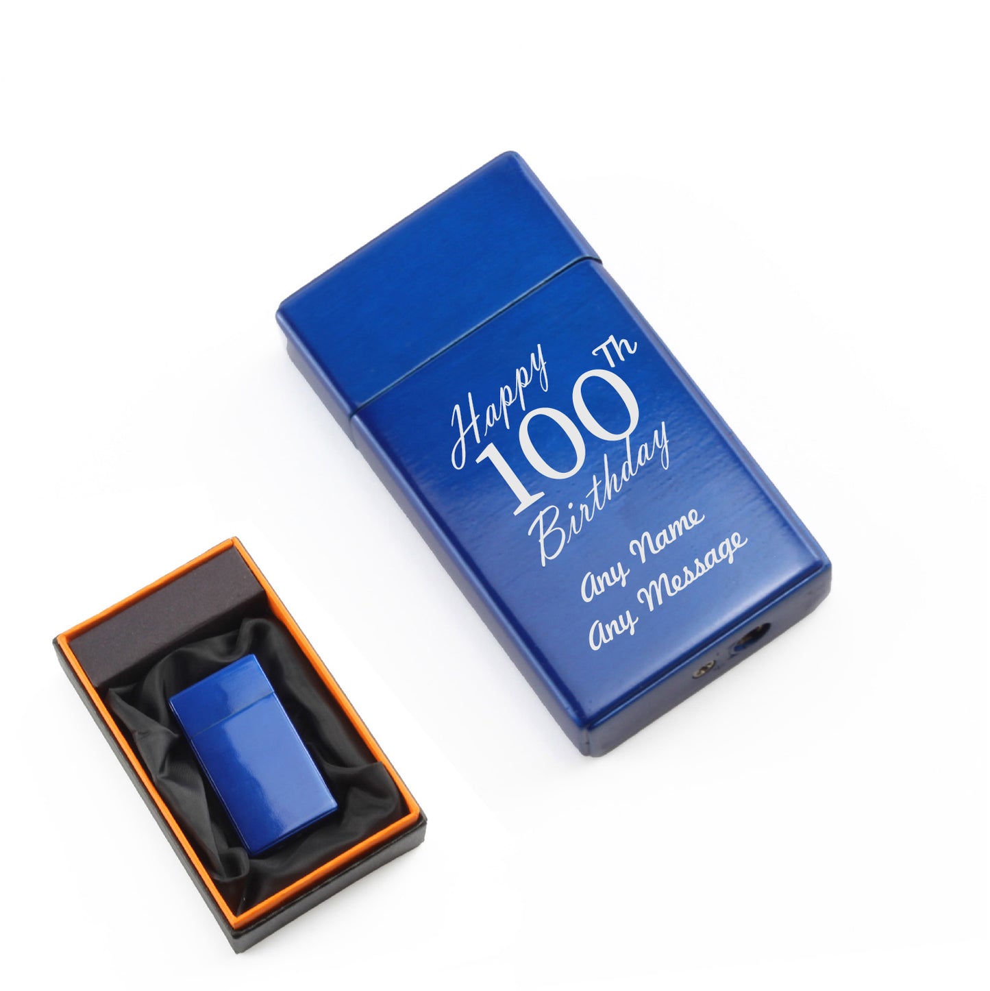 Engraved Jet Gas Lighter Blue Happy 100th Birthday Gift Boxed Image 1