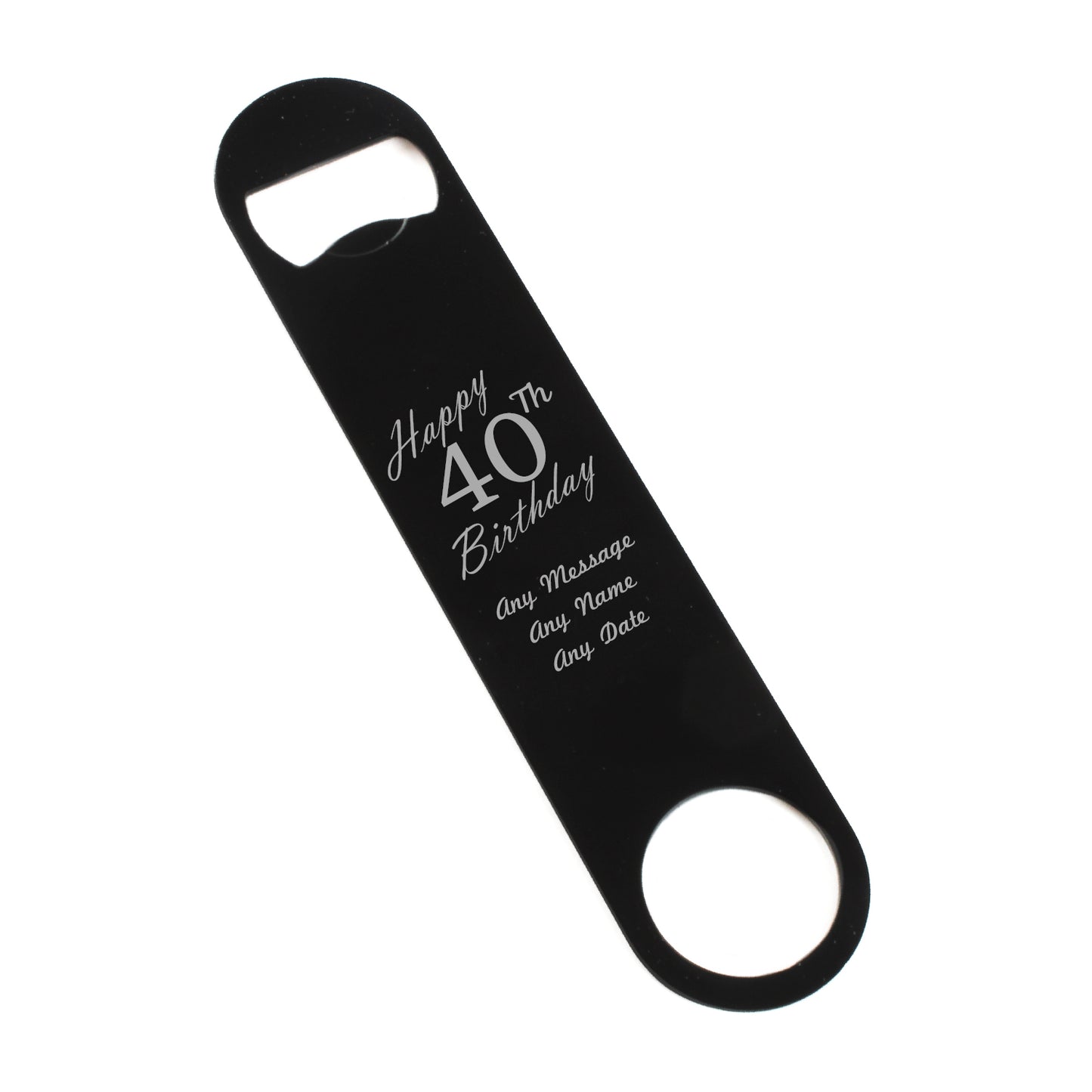 Engraved Large Black Steel Bar Blade Bottle Opener Happy 40th Birthday Image 1