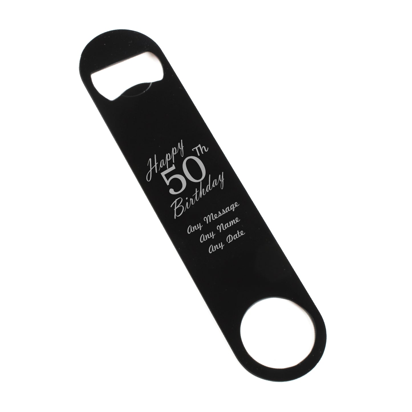 Engraved Large Black Steel Bar Blade Bottle Opener Happy 50th Birthday Image 1