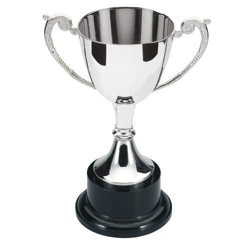 NICKEL PLATED CUP ON ROUND PLINTH