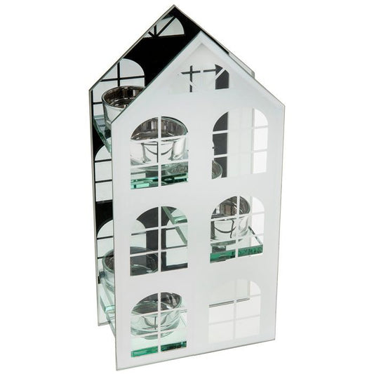 SILVER MIRRORED GLASS TRIPLE TEA LIGHT HOUSE DESIGN ORNAMENT