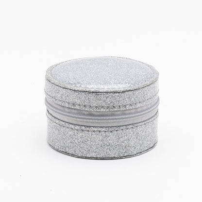 Round Leatherette Silver Glitter Jewellery Box