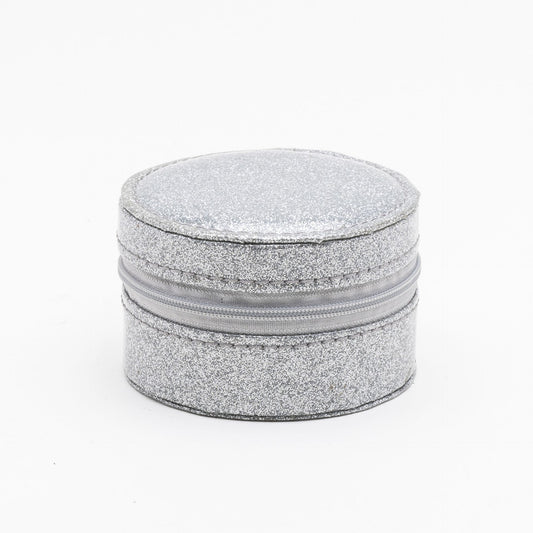 Round Leatherette Silver Glitter Jewellery Box