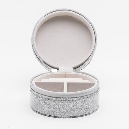 Round Leatherette Silver Glitter Jewellery Box