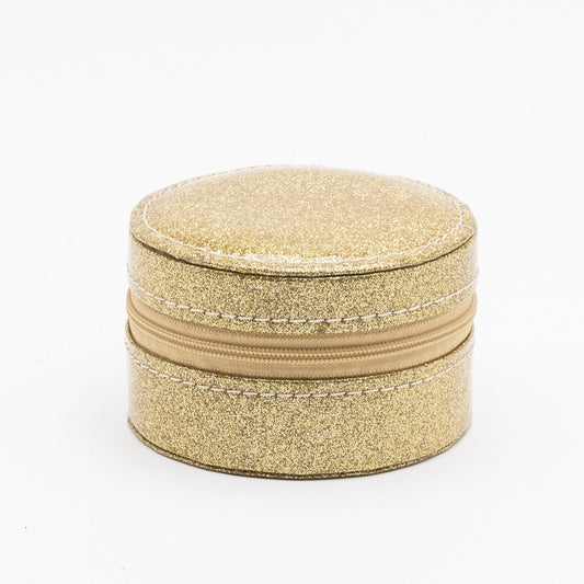 Round Leatherette Gold Glitter Jewellery Box