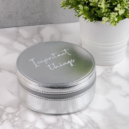 "Important Things" Silver Leatherette Jewellery Box
