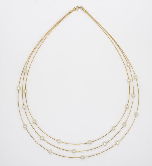 Freshwater Cultured Pearls 3 Strand 9ct Yellow Gold Cable Necklet