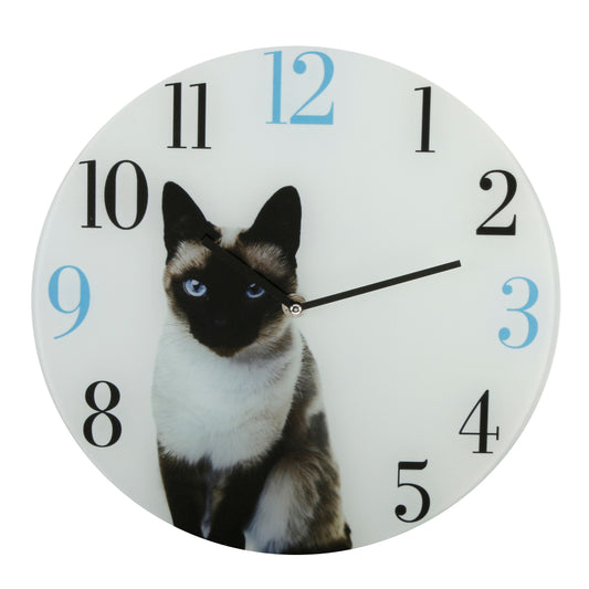 Siamese cat decorative glass quartz wall clock