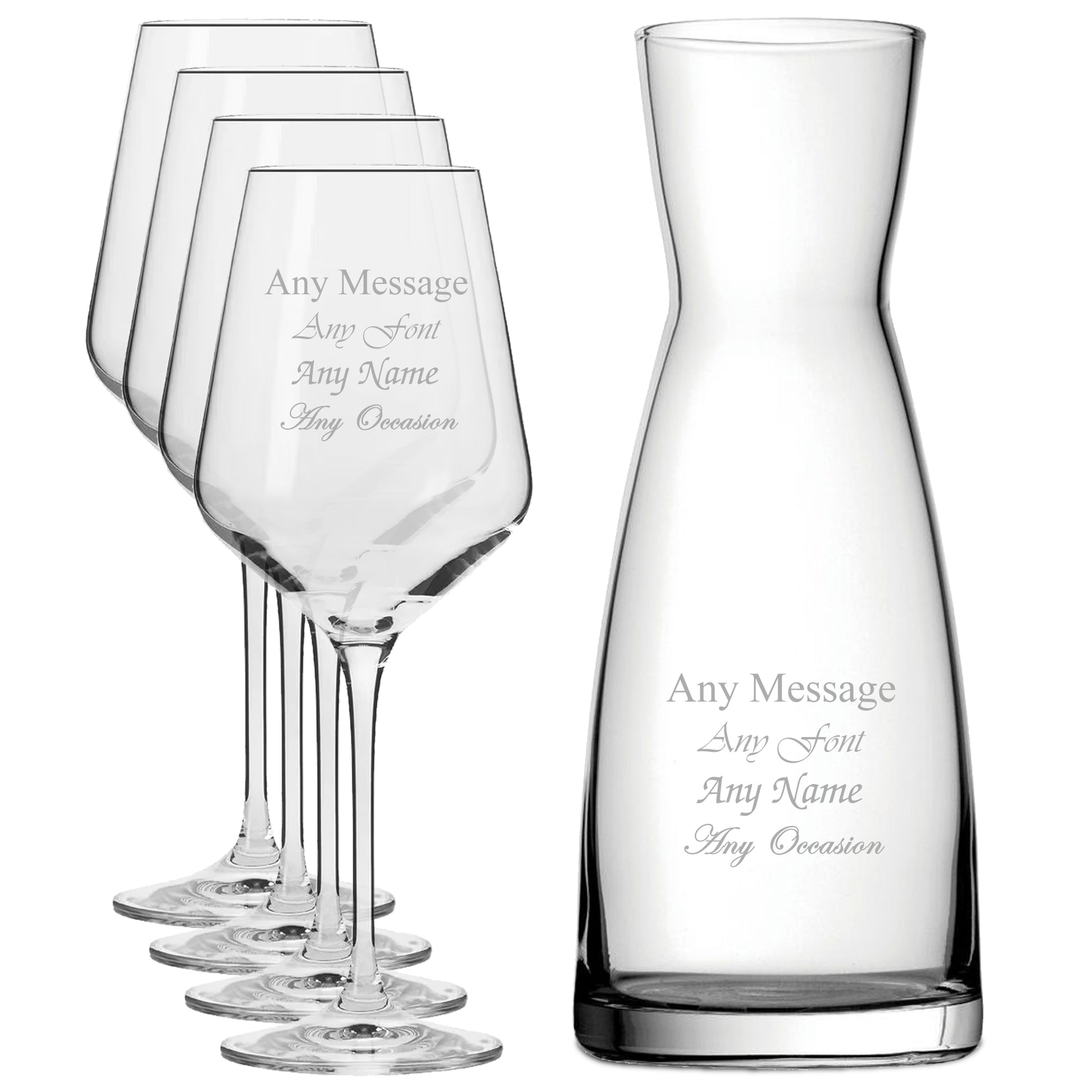 Personalised Engraved Set of 4 Infinity Wine Glass and Contemporary Carafe Set Image 1