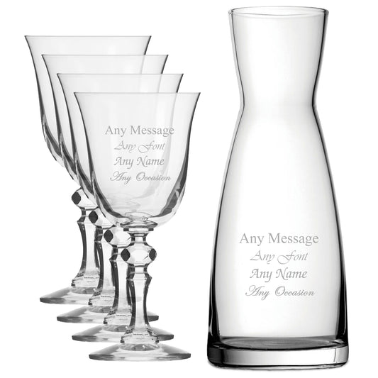 Personalised Engraved Set of 4 Crystal Jasmine Wine Glass and Contemporary Carafe Set Image 1