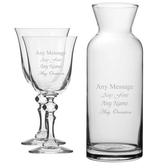 Personalised Engraved Set of 2 Crystal Jasmine Wine Glass and Village Carafe Set Image 1