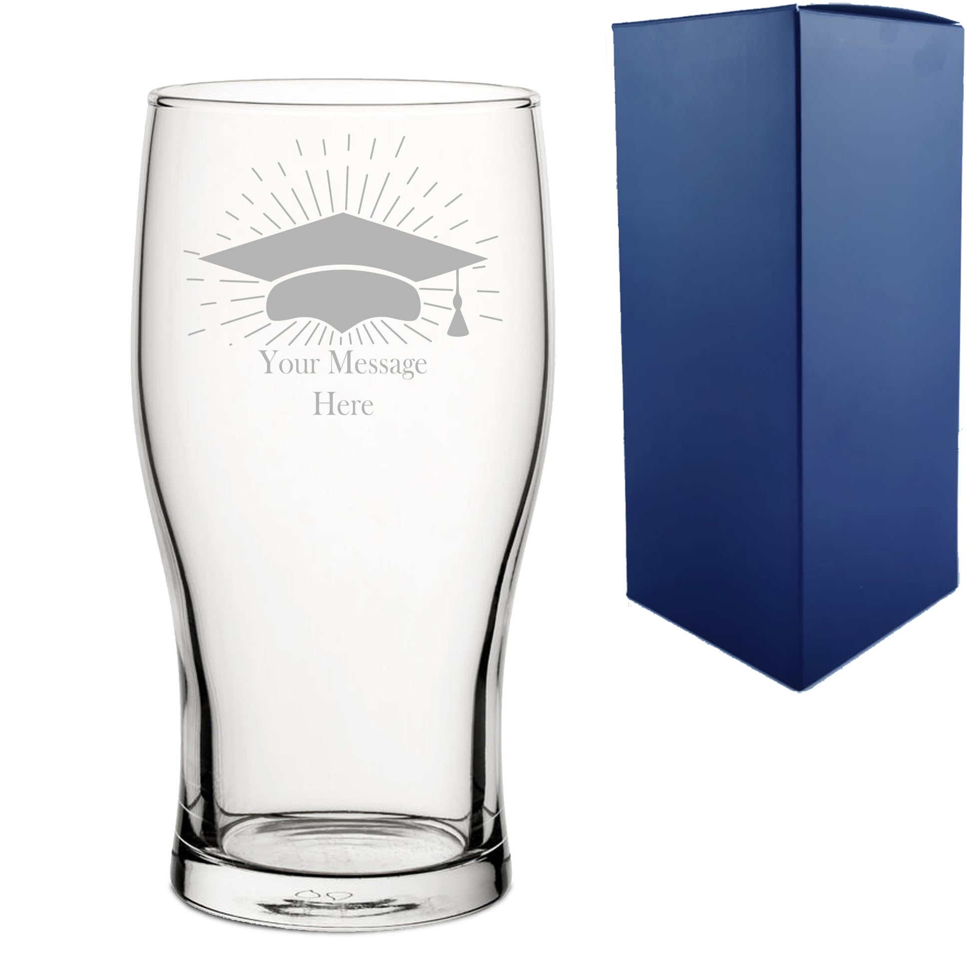 Personalised Engraved Graduation Pint Glass with Grad Cap Burst Design, Personalise with Any Name or Message Image 1