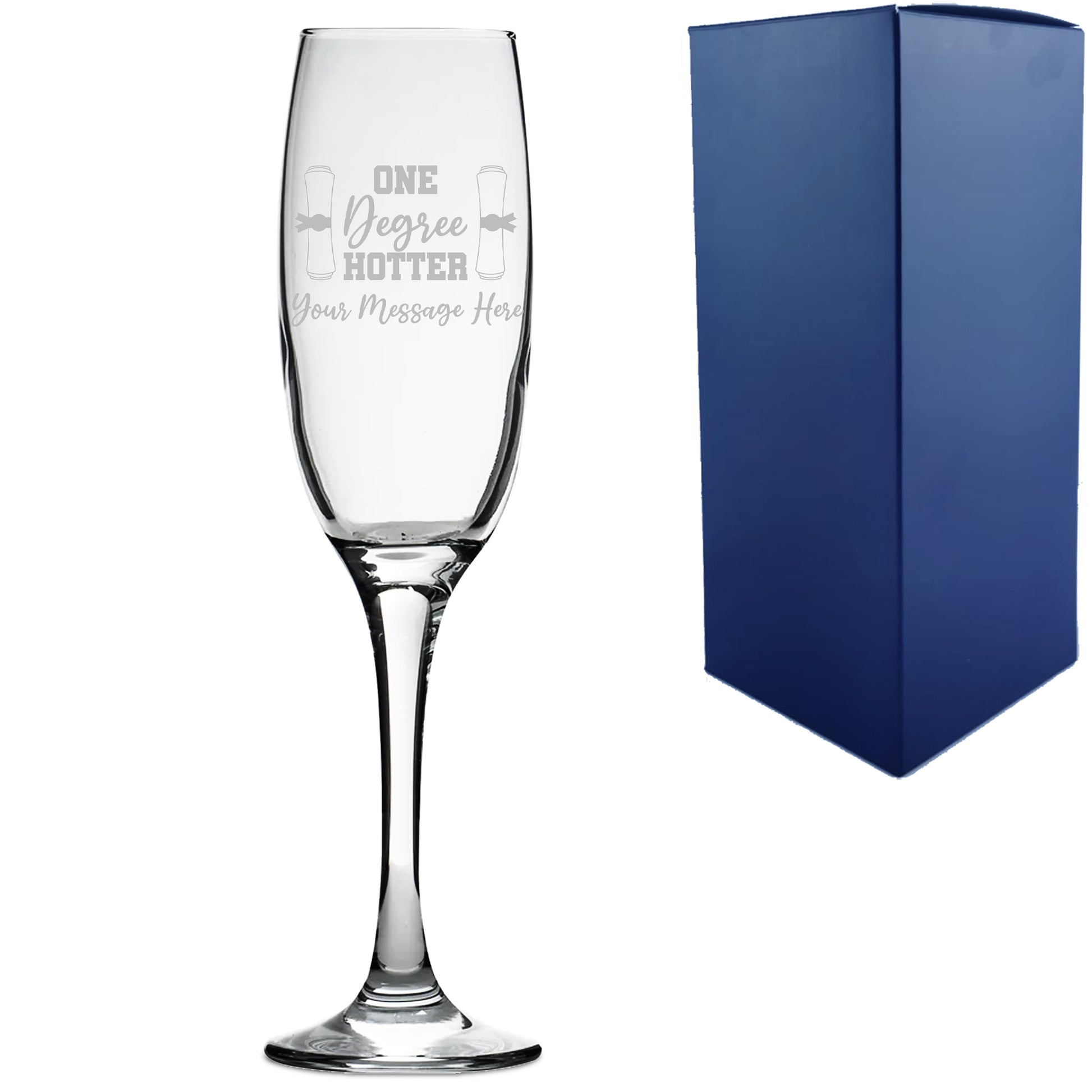 Personalised Engraved Graduation Champagne Flute with 'One Degree Hotter' Design, Personalise with Any Name or Message Image 1