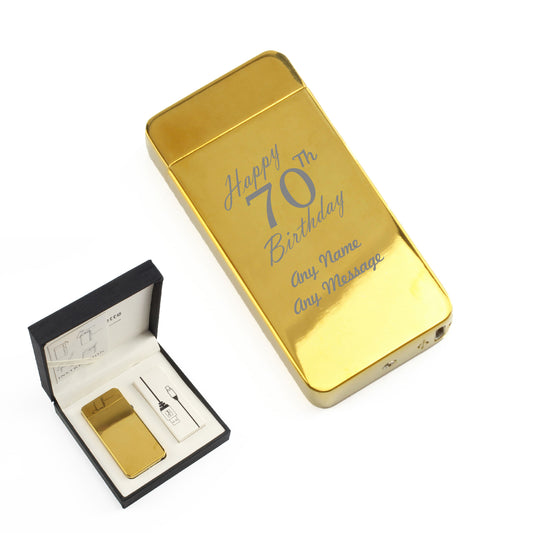 Engraved Electric Arc Lighter, Gold, Happy 70th Birthday, Gift Boxed Image 1