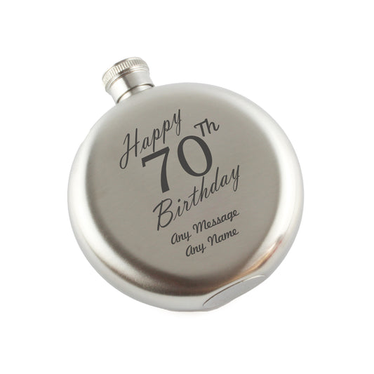 Engraved 5oz Round Steel Hip Flask Happy 70th Birthday Image 1