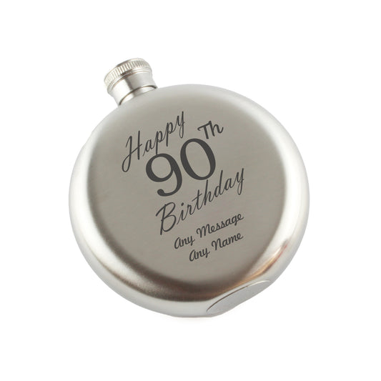 Engraved 5oz Round Steel Hip Flask Happy 90th Birthday Image 1