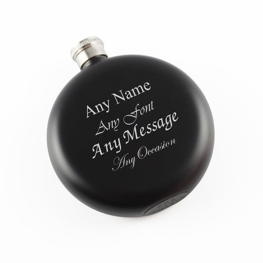 Engraved 5oz Round Black Hip Flask Any Message Engraved In The UK Image 1