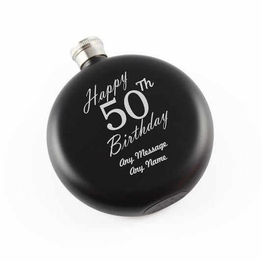 Engraved 5oz Round Black Hip Flask Happy 50th Birthday Image 1
