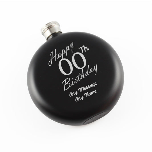Engraved 5oz Round Black Hip Flask Happy Custom Number Birthday Image 1