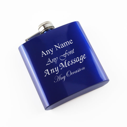 Engraved 6oz Blue Steel Hip Flask Any Message Engraved In The UK Image 1