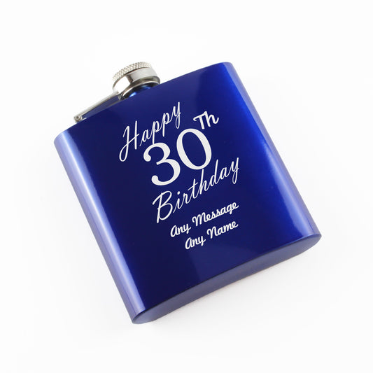 Engraved 6oz Blue Steel Hip Flask Happy 30th Birthday Image 1