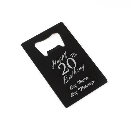 Engraved Portable Wallet Card Bottle Opener Black Happy 20th Birthday Image 1