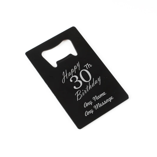 Engraved Portable Wallet Card Bottle Opener Black Happy 30th Birthday Image 1