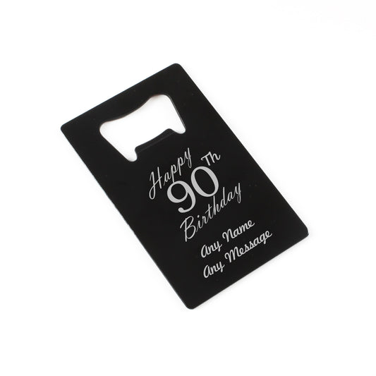 Engraved Portable Wallet Card Bottle Opener Black Happy 90th Birthday Image 1