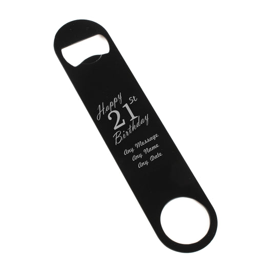 Engraved Large Black Steel Bar Blade Bottle Opener Happy 21st Birthday Image 1