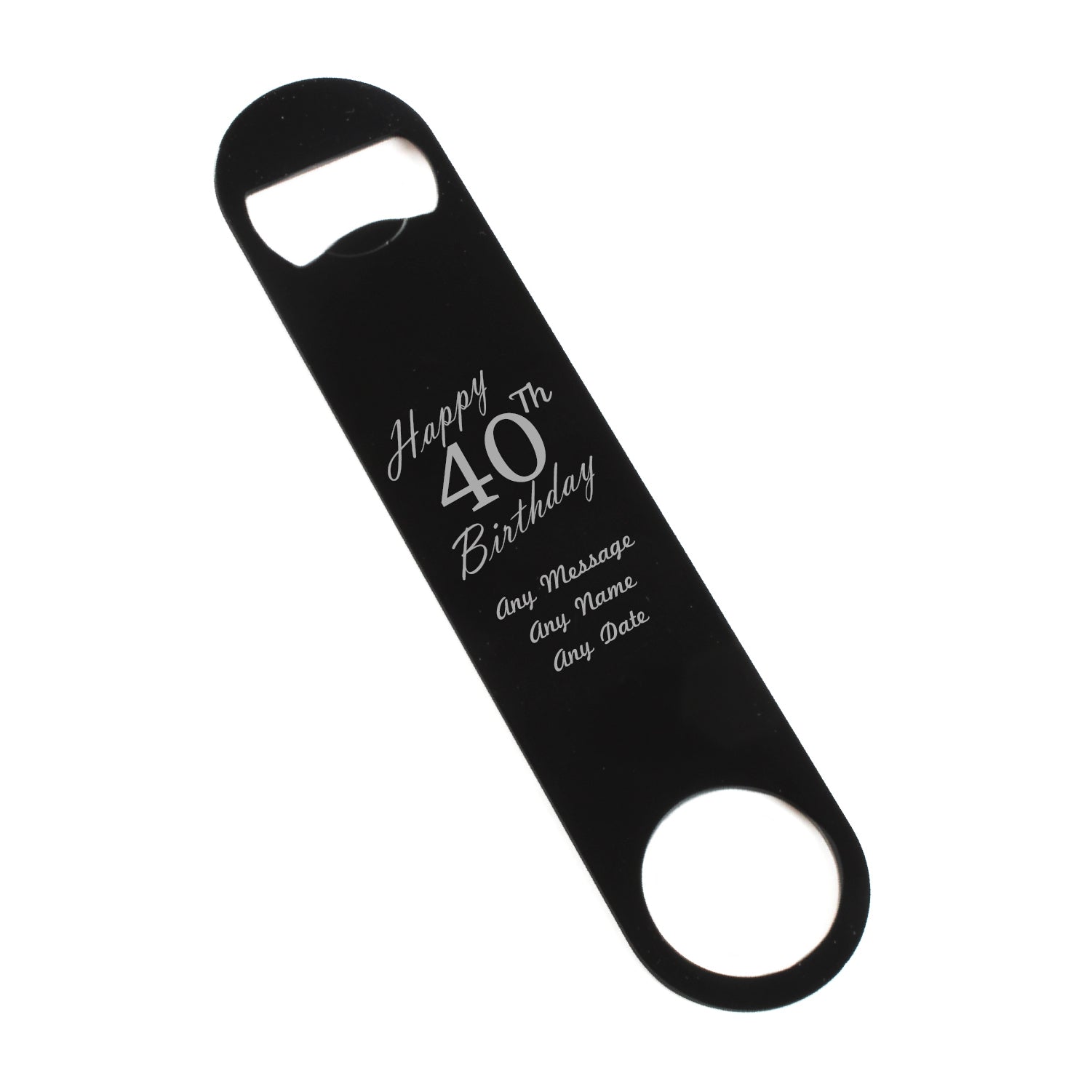Engraved Large Black Steel Bar Blade Bottle Opener Happy 40th Birthday Image 1