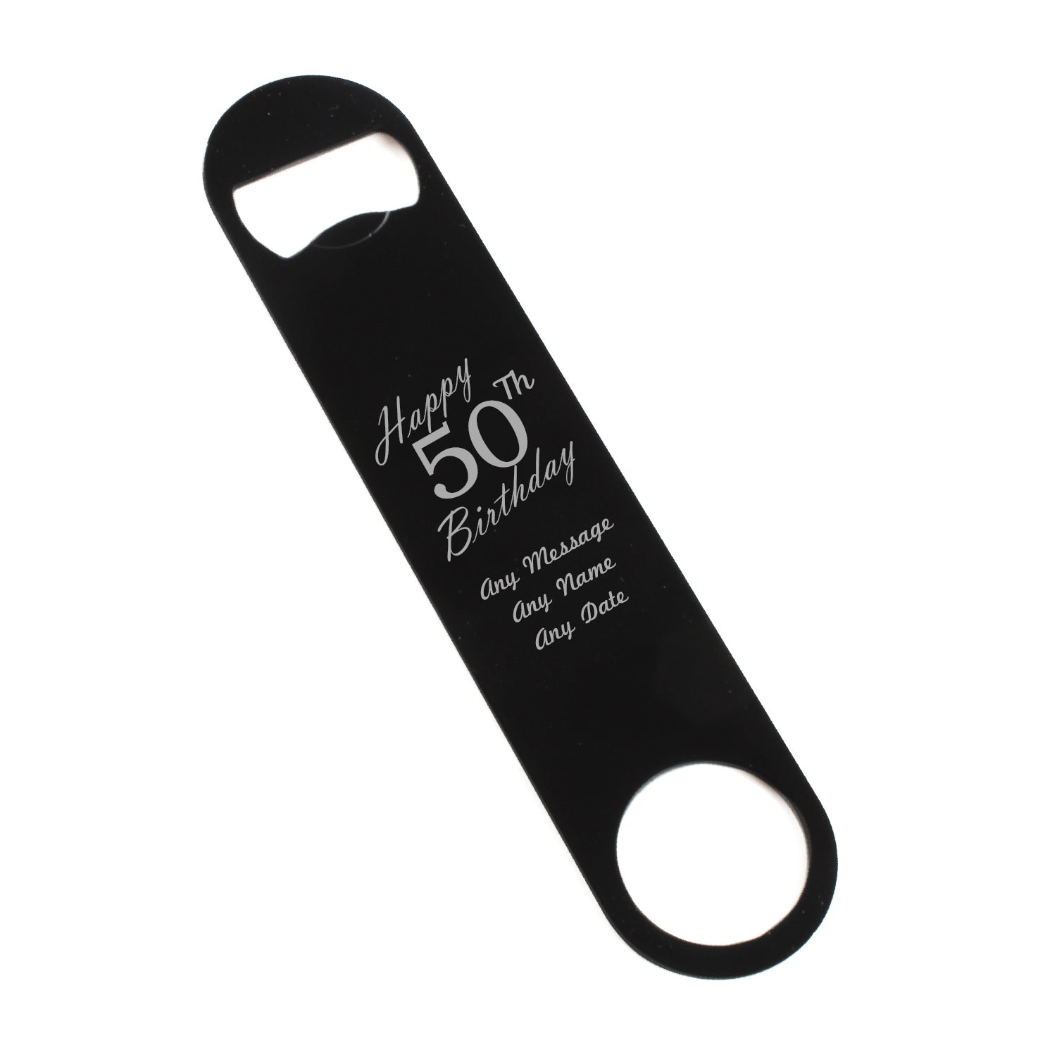 Engraved Large Black Steel Bar Blade Bottle Opener Happy 50th Birthday Image 1