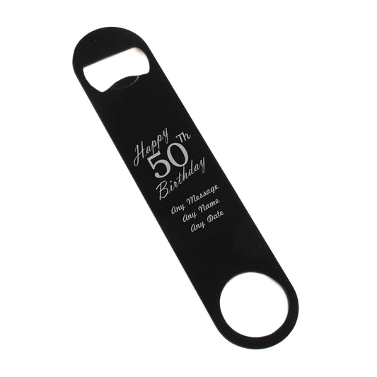 Engraved Large Black Steel Bar Blade Bottle Opener Happy 50th Birthday Image 1