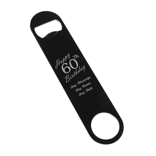 Engraved Large Black Steel Bar Blade Bottle Opener Happy 60th Birthday Image 1