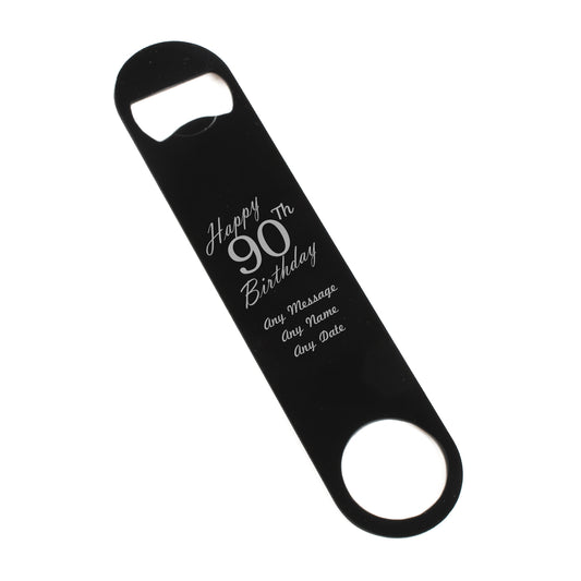 Engraved Large Black Steel Bar Blade Bottle Opener Happy 90th Birthday Image 1