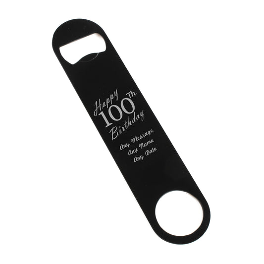 Engraved Large Black Steel Bar Blade Bottle Opener Happy 100th Birthday Image 1