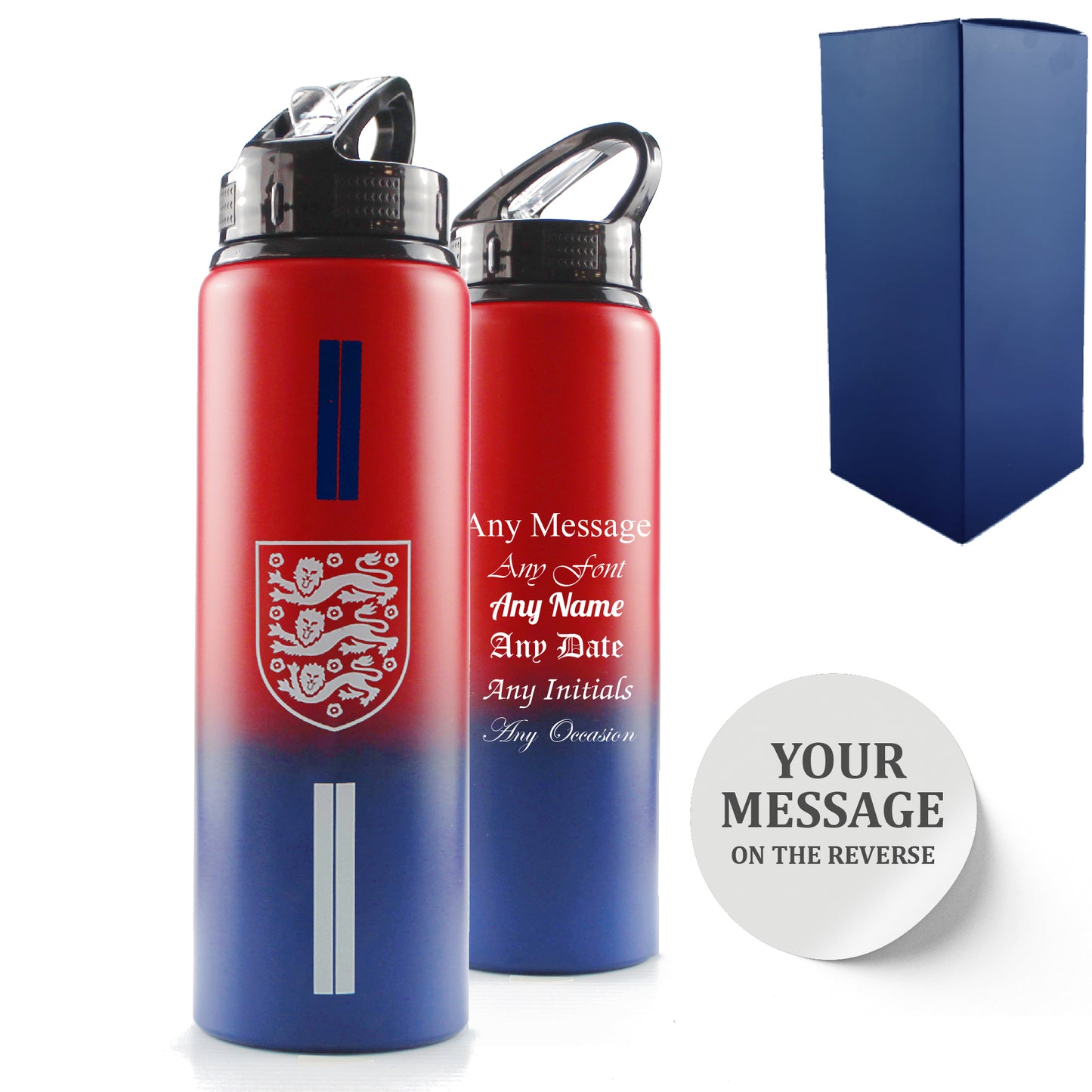 Official Printed Metal England Bottle, Personalise Any Message, Gift Boxed, Striped Design Image 1