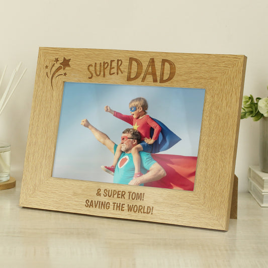 Personalised Super Dad 6" x 4" Landscape Wooden Photo Frame