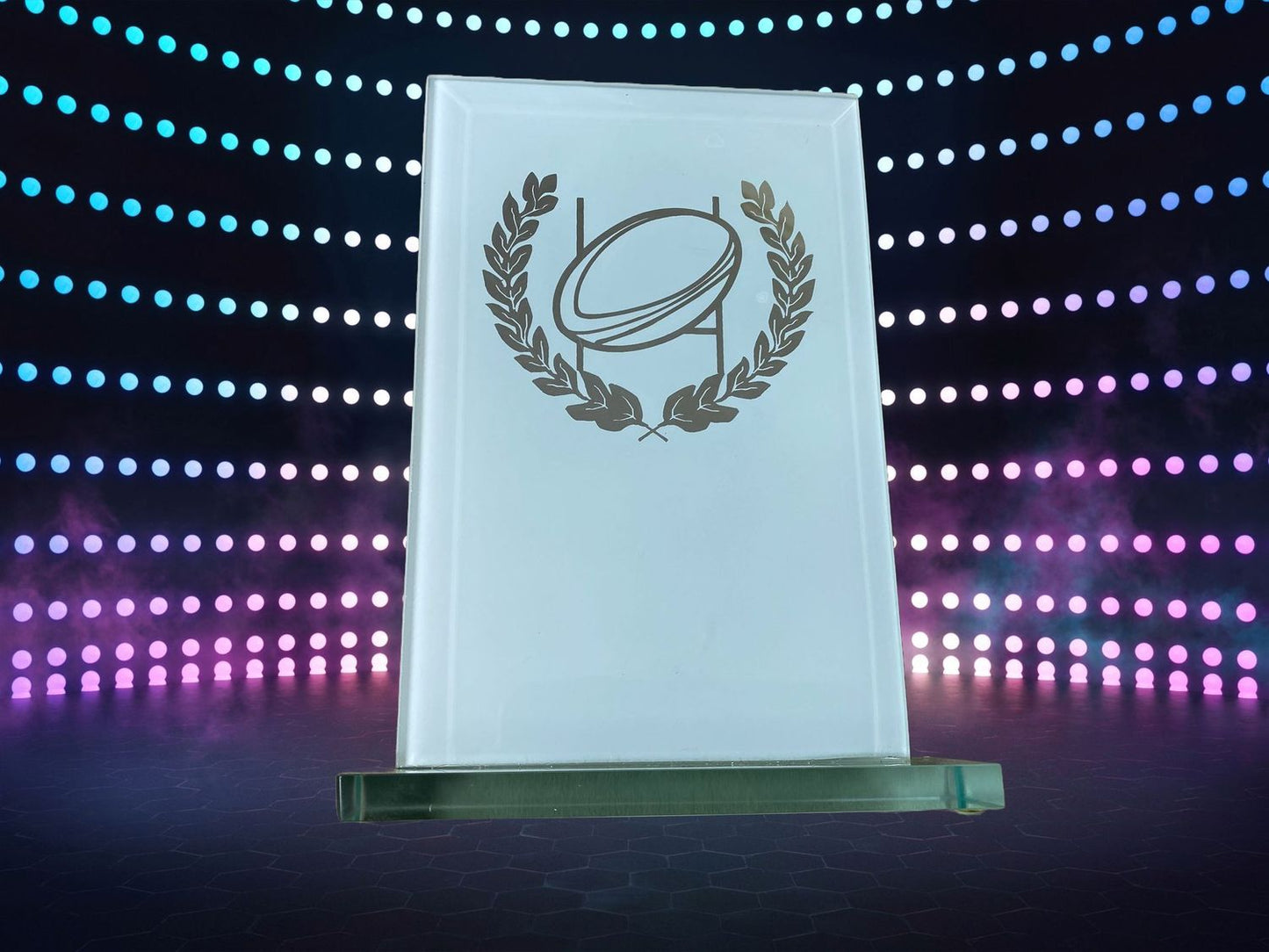 Rugby ball and posts design glass award