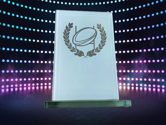 Rugby ball and posts design glass award