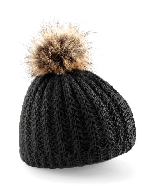 Pom Pom Faux Fur Black Beanie Hat