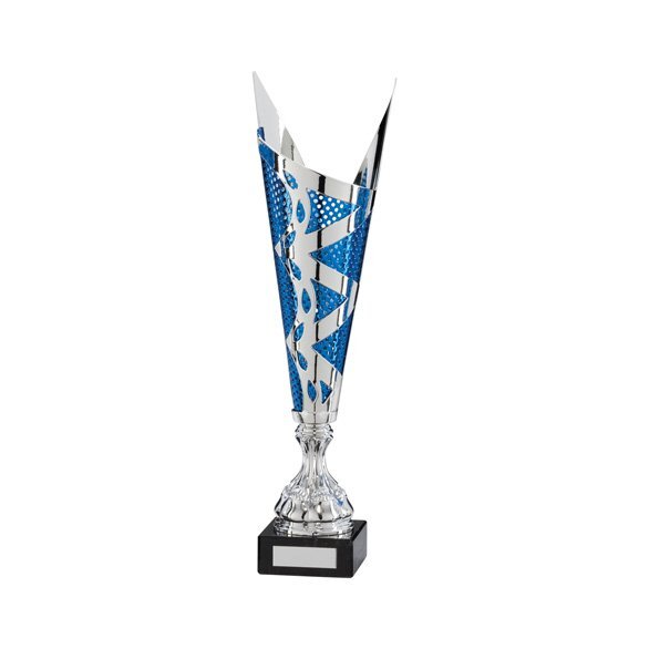 Laser cut blue and silver cup on black marble base